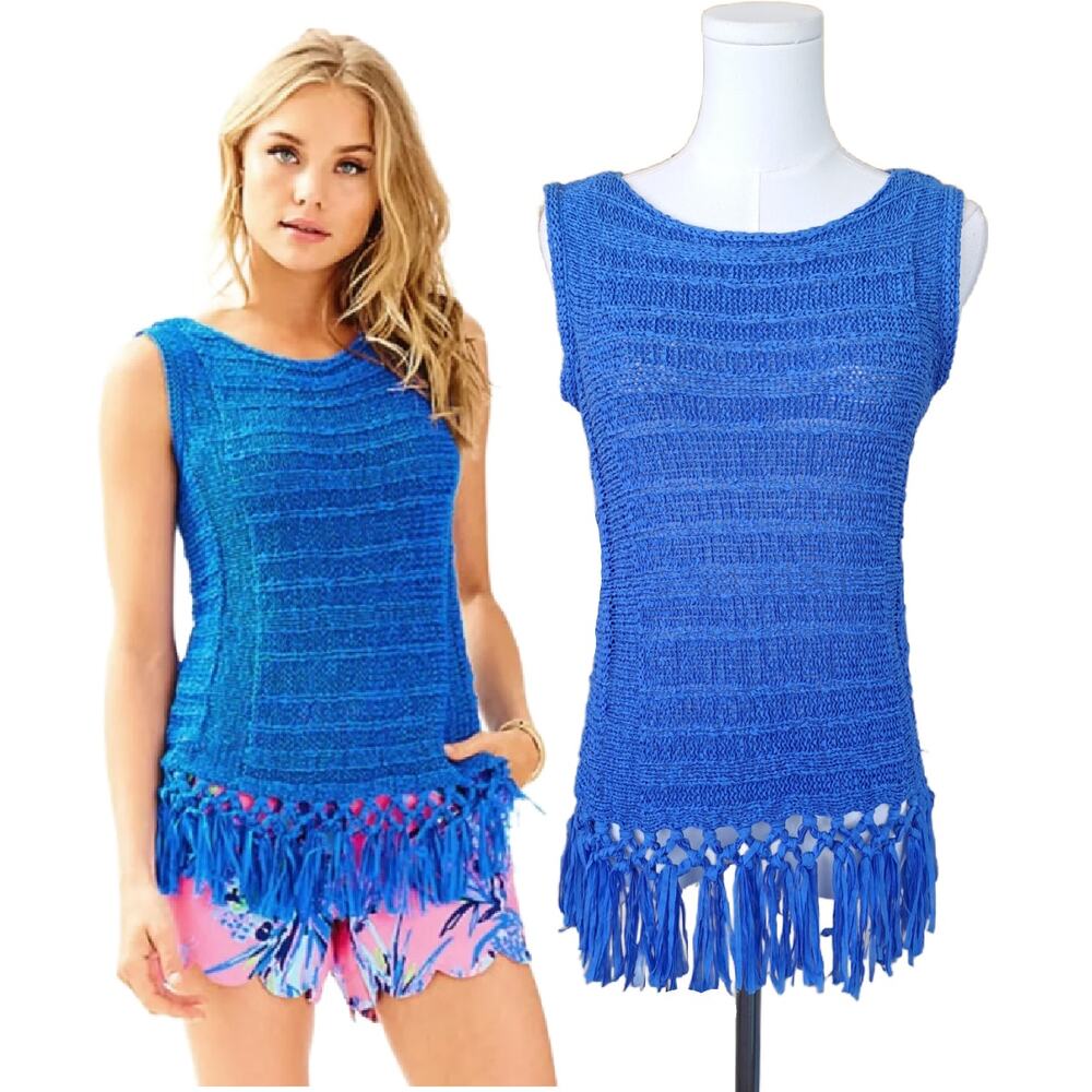 Lilly Pulitzer Luca Top Sleeveless Breezy Open Knit Fringe XS Lapis Blue Summer